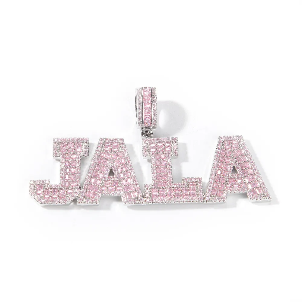 Collier avec pendentif en forme de Baguette rose, lettres solides, nom personnalisé, avec chaîne de Tennis, bijoux personnalisés glacés, 2272