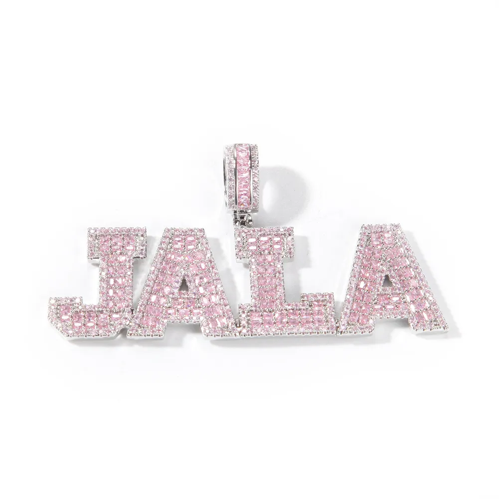 Roze stokbrood effen letters aangepaste naam ketting hanger met tennisketting Iced Out gepersonaliseerde Jewelry231S