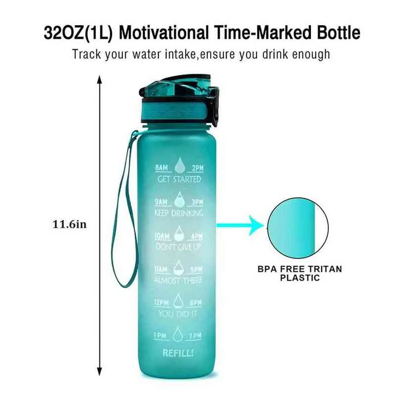 32Oz Large Capacity Water Bottle With Time Marker Leak-Proof Gym Fitness Sport Shaker Drink Bottles Camping Cycling Waterbottle Y1223