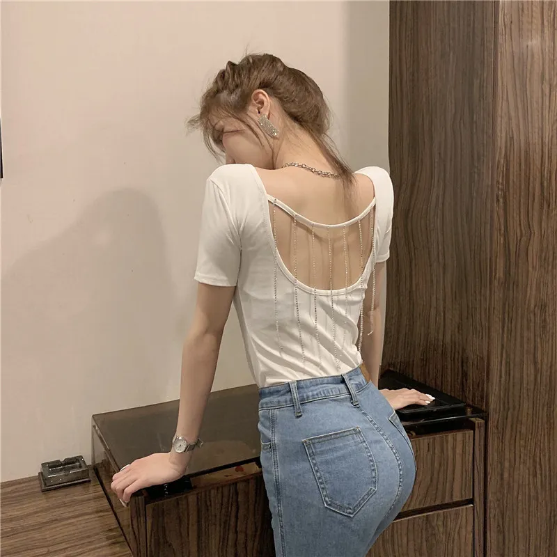 Women T-shirt Short-sleeved Solid Korean O-neck Hollow Back Metallic Tassel Sexy Shine T-shirts Woman Tees Female Tops LS368 210506