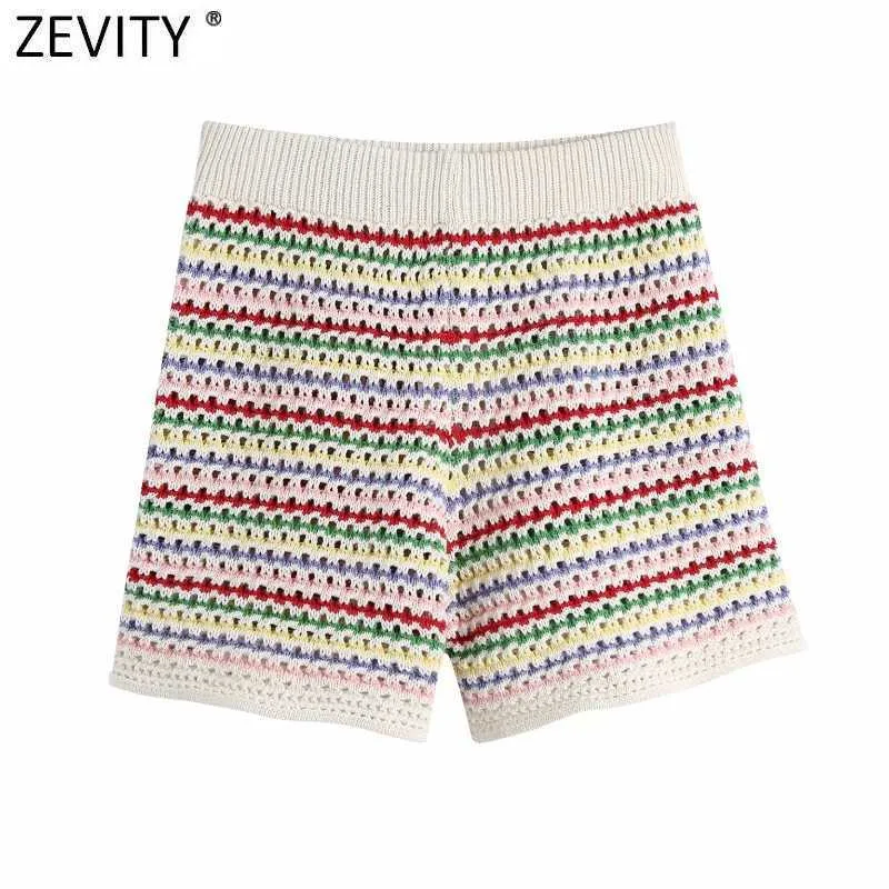 Zevity Women Fashion Rainbow Striped Jacquard Bermuda Shorts Female Chic High Waist Knitted Slim Pantalone Cortos P1021 210603