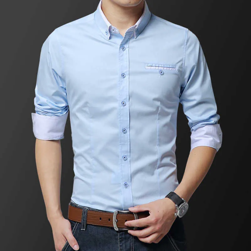 Fashion Handsome Regular Fit Casual Men Long Sleeve Shirt Design Good Fabric Soft Comfortable White Khaki Pink Dress Shirts 210721