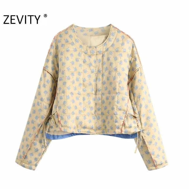 Zevity Femmes Hiver Floral Impression Coton Rembourré Casual Manteau Femme À Manches Longues Côté À Lacets Chic Boutons Veste Tops CT606 210603