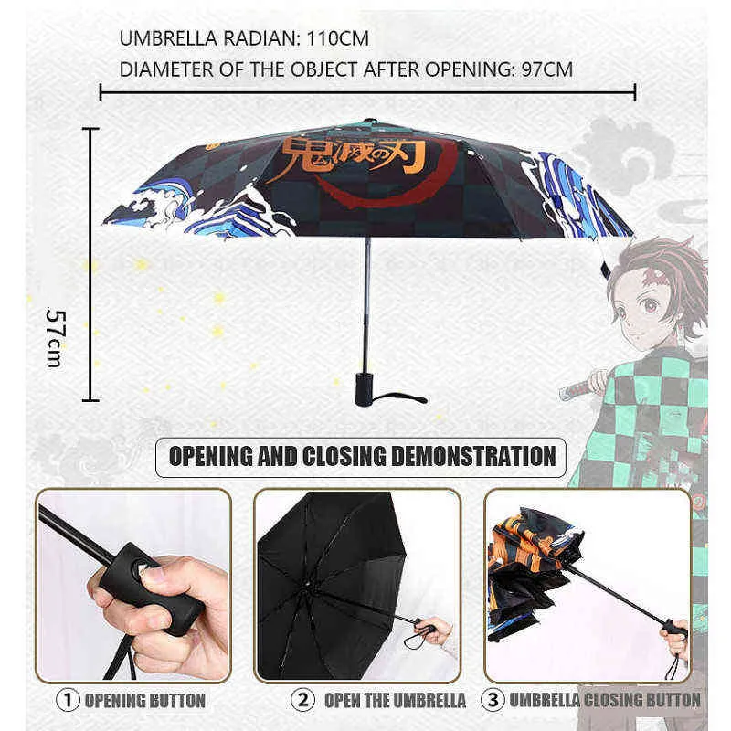 Paraguas de Anime plegable automático Devil's Blade Demon Slayer Kimetsu No Yaiba Ninja Samurai paraguas lluvia hombres a prueba de viento Paraso350S