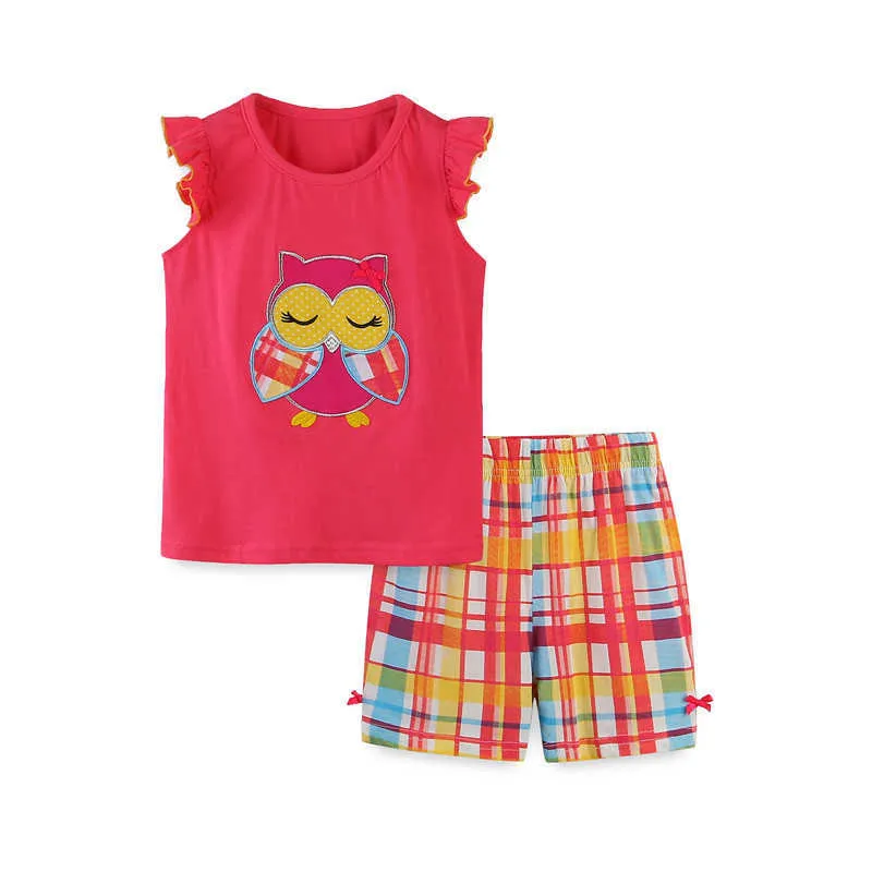 ジャンプメーター夏の動物フクロウ刺繍ファッション子供服セットかわいい女の子2個のPCSスーツ幼児服210529