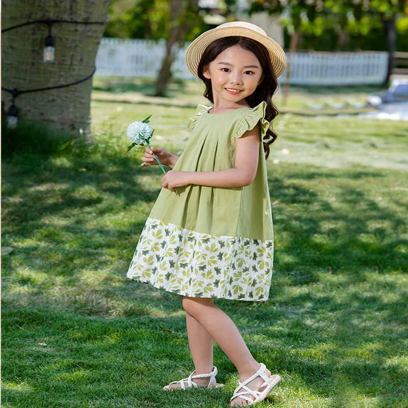 Корейский стиль летние подростки девочка платья зеленые цветочные оборки рукава принцесса сестра соответствующие платье детская одежда E459 210610