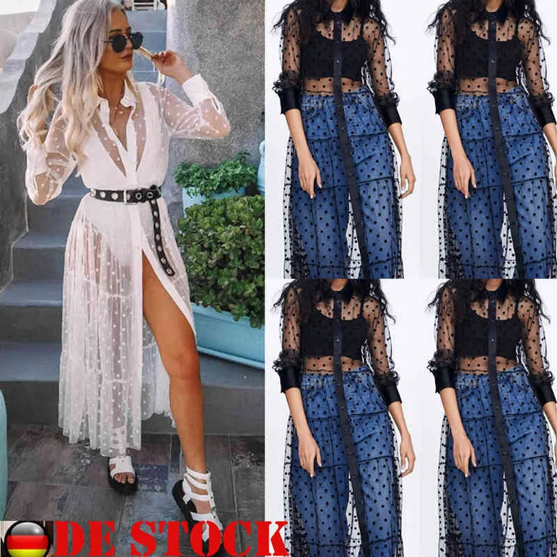 Women Dress Mesh Sheer Transparent Polka Dot Print Lace Cover up Button Hollow Maxi See-through Party Clubwear Beachdress 210522