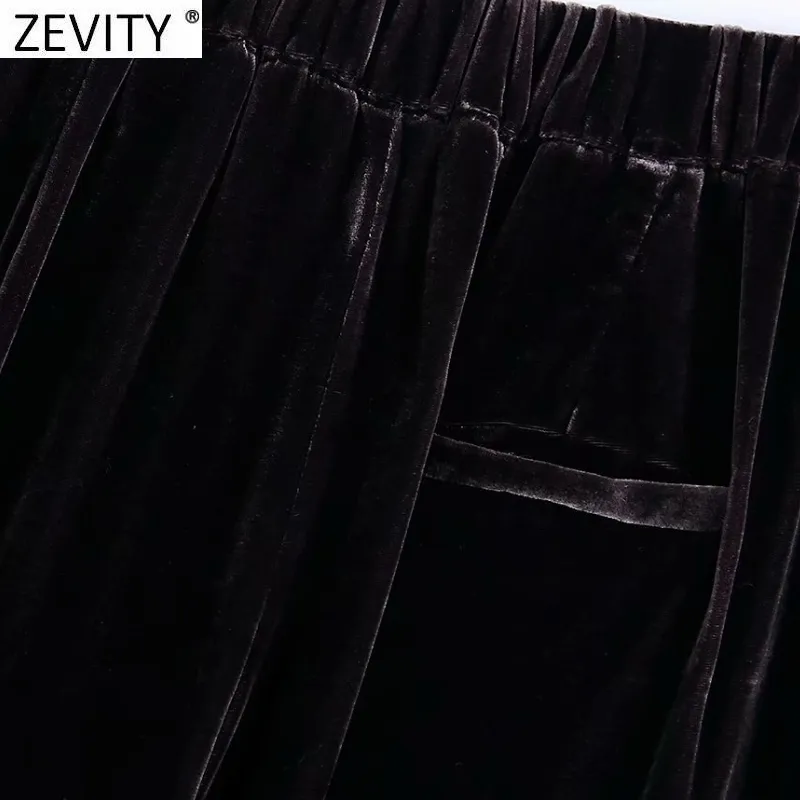 Women Vintage Solid Color Velvet Straight Pants Female Chic Elastic Waist Pockets Casual Slim Long Trousers P987 210420