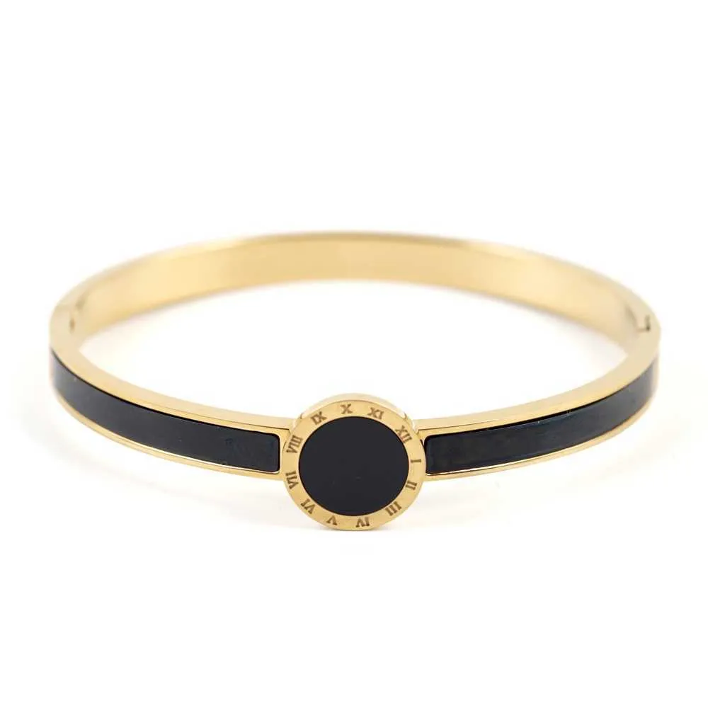 Luxury Black Border Black Shell Bangle Armband Rostfritt Stål Ögon Manschett Armband För Män Kvinnor Par Bröllop Smycken Gift Q0719