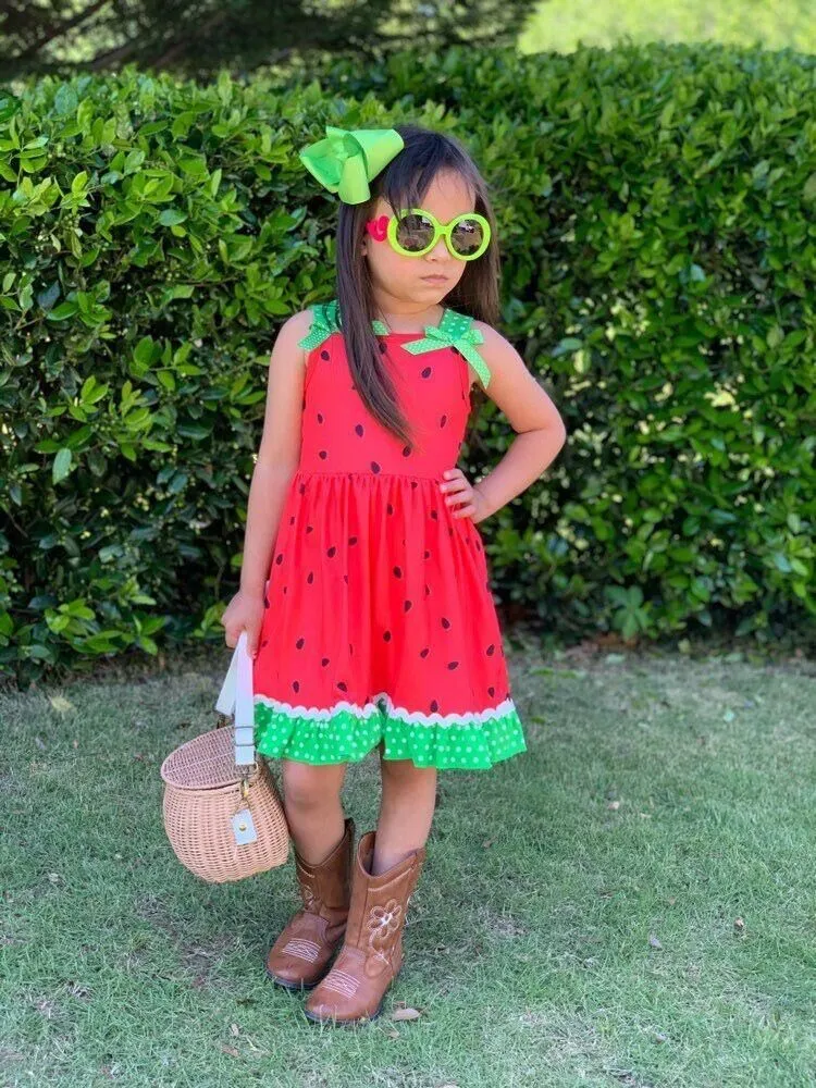 Meninas bebê vestido de verão meninas melancia melancia vermelha e verde vestido bonito vestido com arco atacado 210331