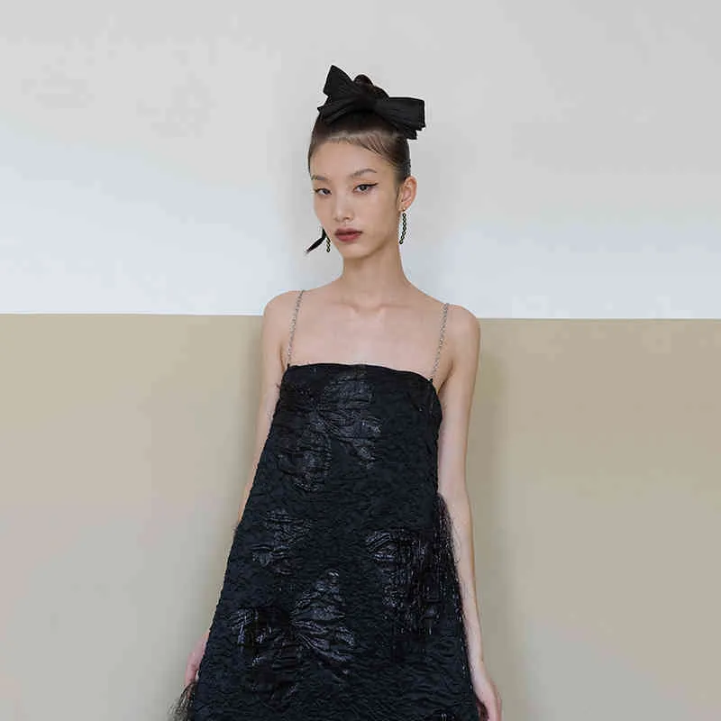 [Eam] kvinnor svart jacquard temmperament spaghetti strap klänning ärmlös lös passform mode våren höst 1da928 210512