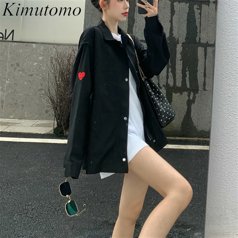 KIMUTOMO Casual Dames Jas Korea Safari Stijl Dames Hart Borduurwerk Turn-Down Collar Single Breasted Black Tops Streetwear 210521