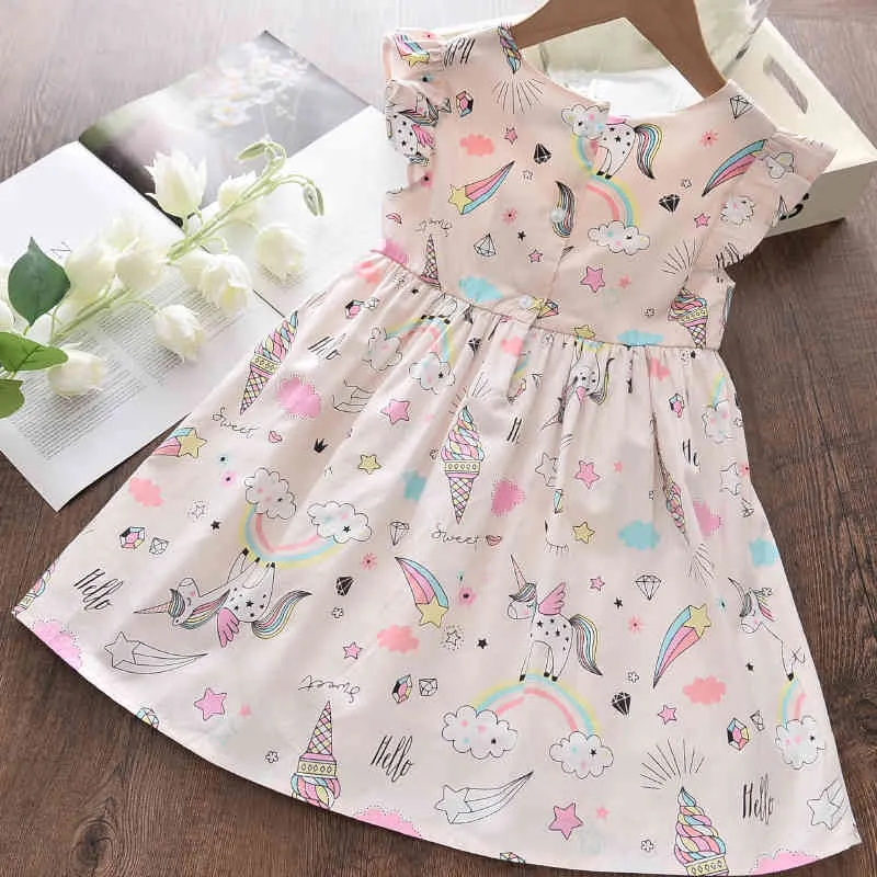 Flickor Cartoon Rainbow Print Dresses Sommar Barn Söt Princess Kostym Barn Party Fancy Vestidos Casual Suit 210429