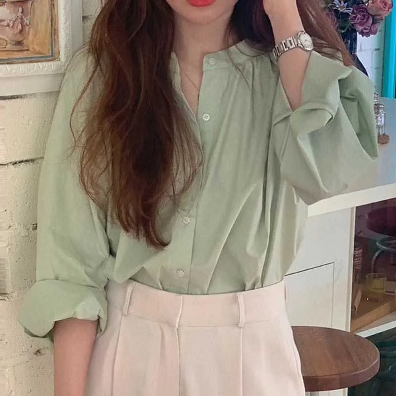 コレヒパアの女性のシャツ夏の韓国のシックな女の子優しいラウンドネックピンクシングルブレストルース多用途長袖ブラウス210526