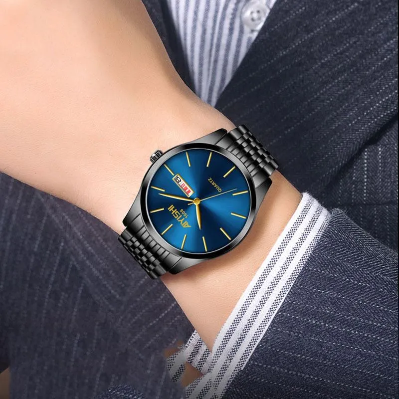 Wristwatches Cool Matte Black Blue Steel Watch Men Auto Date Week Functional Business Wristwatch For Man 2021 Watches Top253E