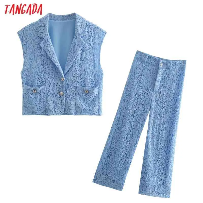 Mode femmes bleu dentelle gilet et pantalon costume 2 pièces ensemble QD29 210416