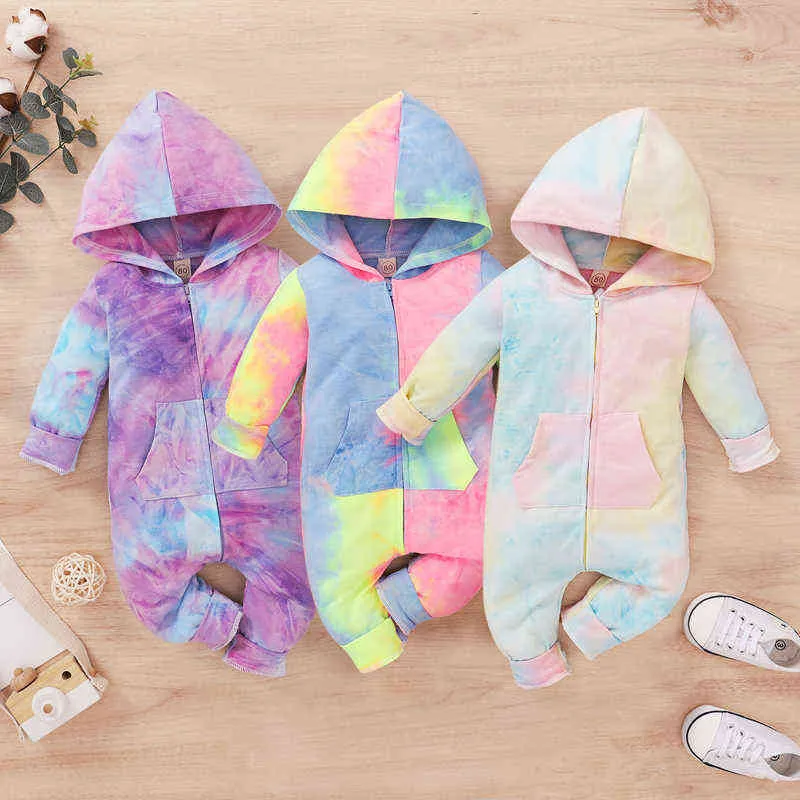 2020 0-18M Infant Baby Boy Girl Tie-Dye Printed Romper Long Sleeve Zipper Hoodies Jumpsuit Autumn Warm Romper Outfit G1221