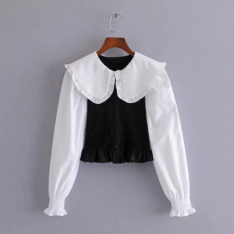 Patchwork Black White Women Shirts Ruffle Cute Long Sleeve Crop Top Female Peter Pan Collar Chic Woman Blouse 210519