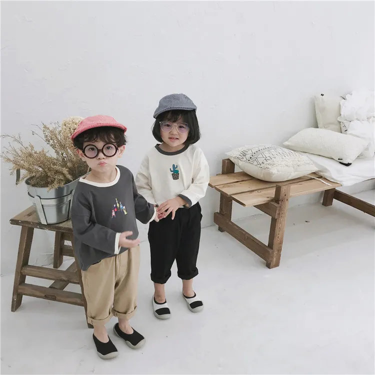 Stile coreano Autunno bambini cartone animato stampato manica lunga T-shirt neonati e ragazze moda cotone Tees 1-6 anni abbigliamento bambini 210508