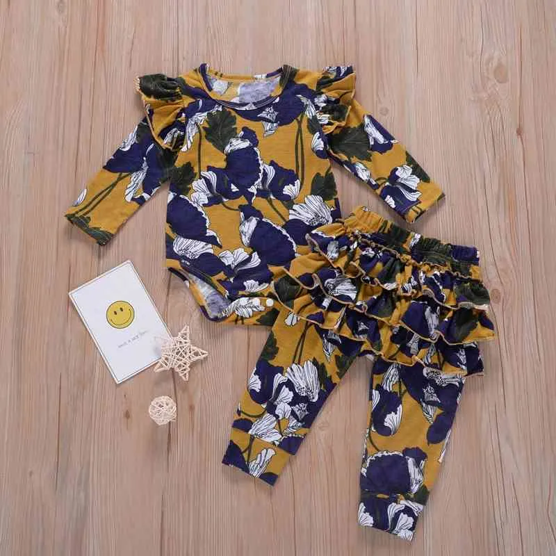 0-24M Vintage né Infantile Bébé Fille Fleur Vêtements Ensemble Doux Barboteuse Volants Floral Pantalon Tenues Automne Vêtements 210515