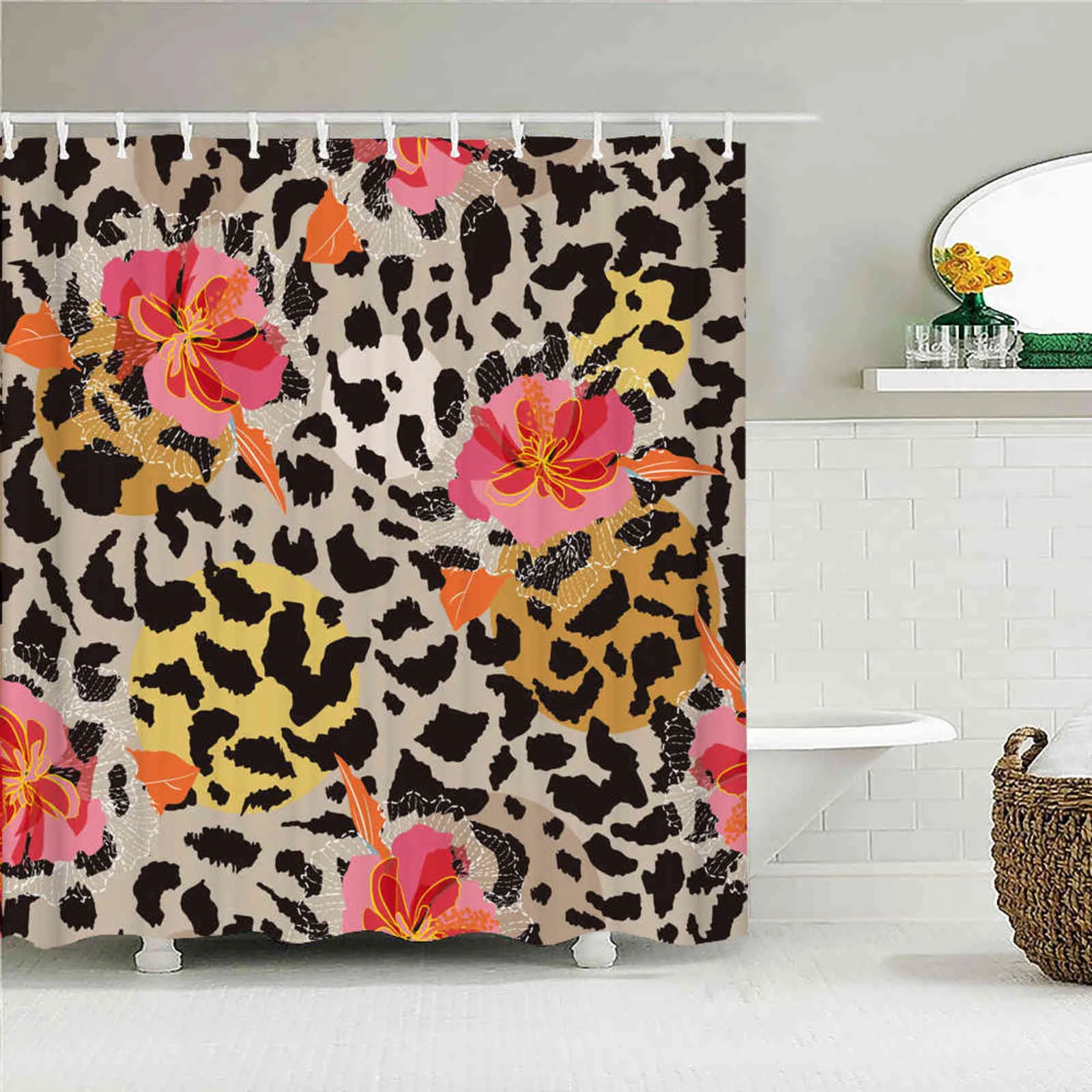 Современный леопардовый душ занавес 3D занавес ванной комнаты с крючками декоративный раздел экран 180 * 240 полиэфирная моющаяся ткань 21116