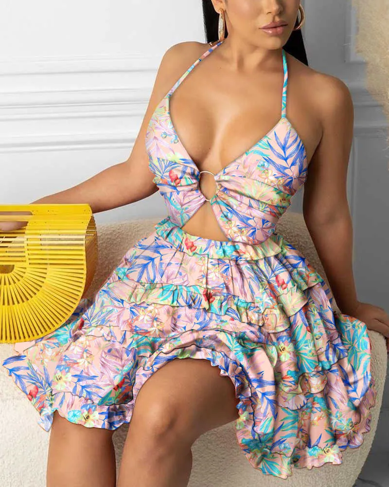 Fashion Women Sexy Backless Halter Floral Print Mini Dress Beach Dresses O-ring Cut-out Backless Frill Hem Summer Short Dresses 210716