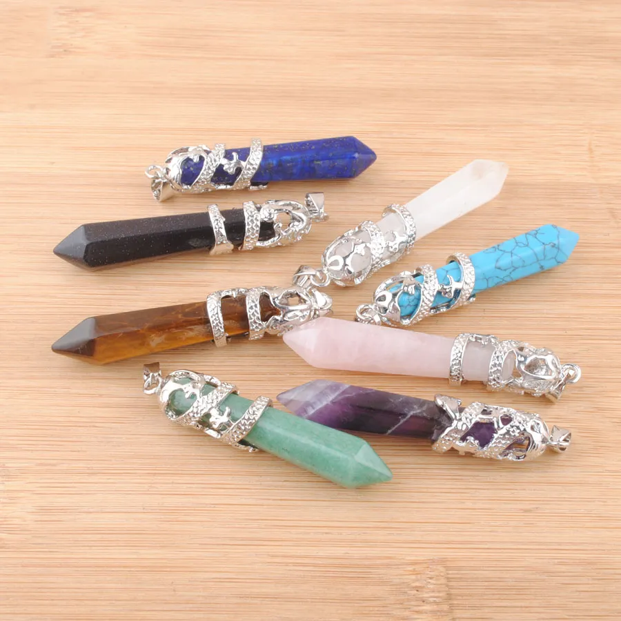 Dragon Tribe Natural Stone Pendant Hexagonal Crystal Totem Quartz Aventurine Amethyst Blue Sand Lapis Lazuli Prism Ethnic Hanging 331t