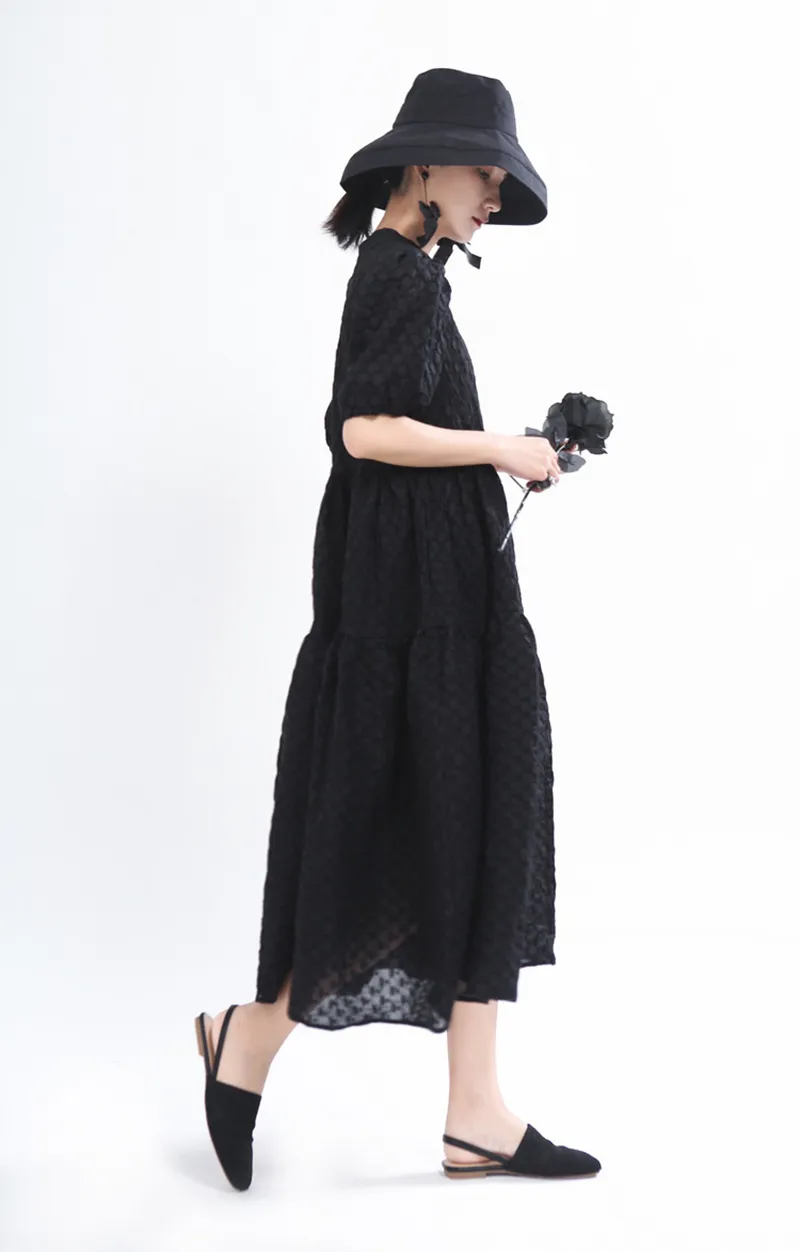 [EAM] Women Black Brief Elegant Long Dress Round Neck Short Puff Sleeve Loose Fit Fashion Spring Summer 1U487 21512
