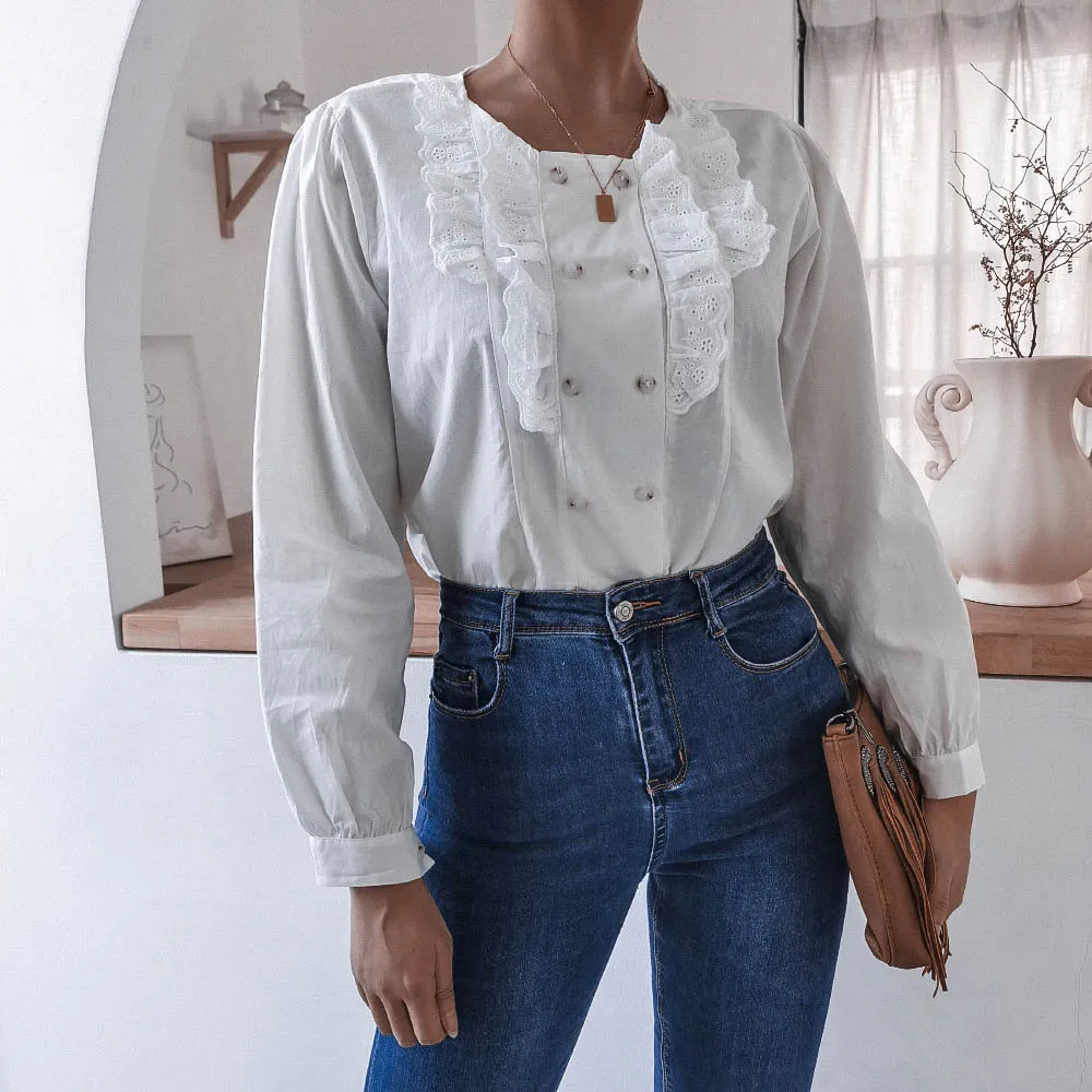 Höst Vinter Ruffles Lace Dubbelbröst Shirt Blus Långärmad Vit Skjorta Blus Toppar För Kvinnor Vintage Kläder Kvinnor 210514