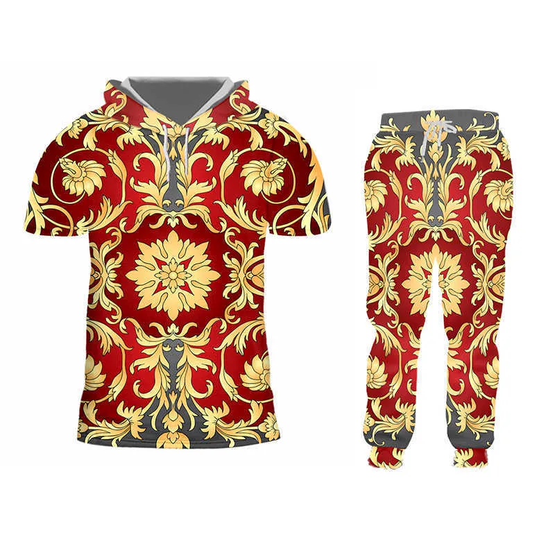 Mäns Set Casual Sets 3D Gold Flower Print Harajuku Hoodie And Jogger Pants Luxury Royal Floral Oversize Women Tracksuit x0909