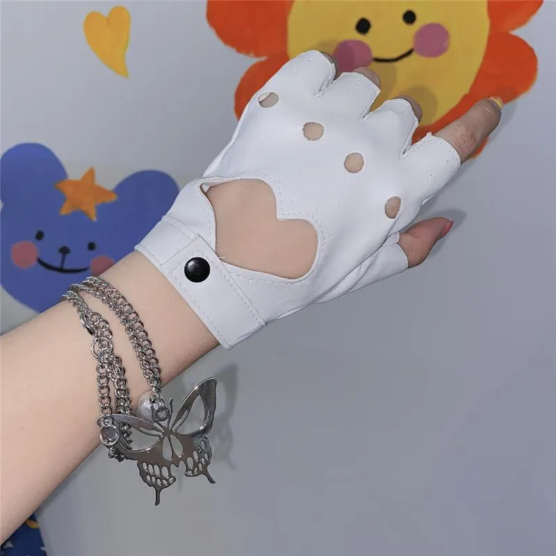 Five Fingers Gloves Fingerless Anime PU Leather Kawaii Heart Black White Pink Fashion Streetwear Women Punk Goth Lolita T436218R