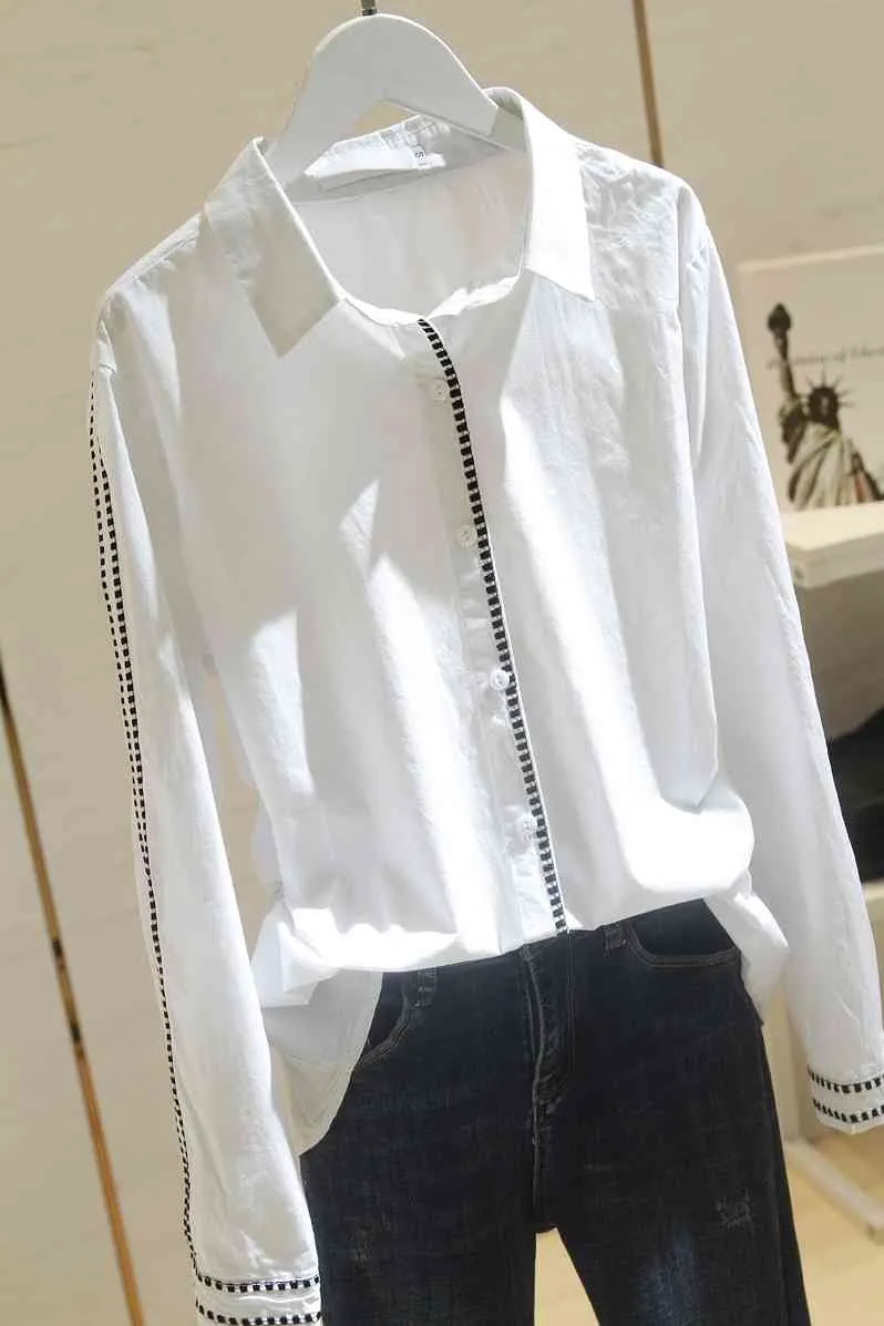 Printemps Chemise à manches longues Solide Plus Taille Bureau Lady Blanc Coton Vêtements Coréen Femmes Tops et Blouses Blusas 8930 50 210506