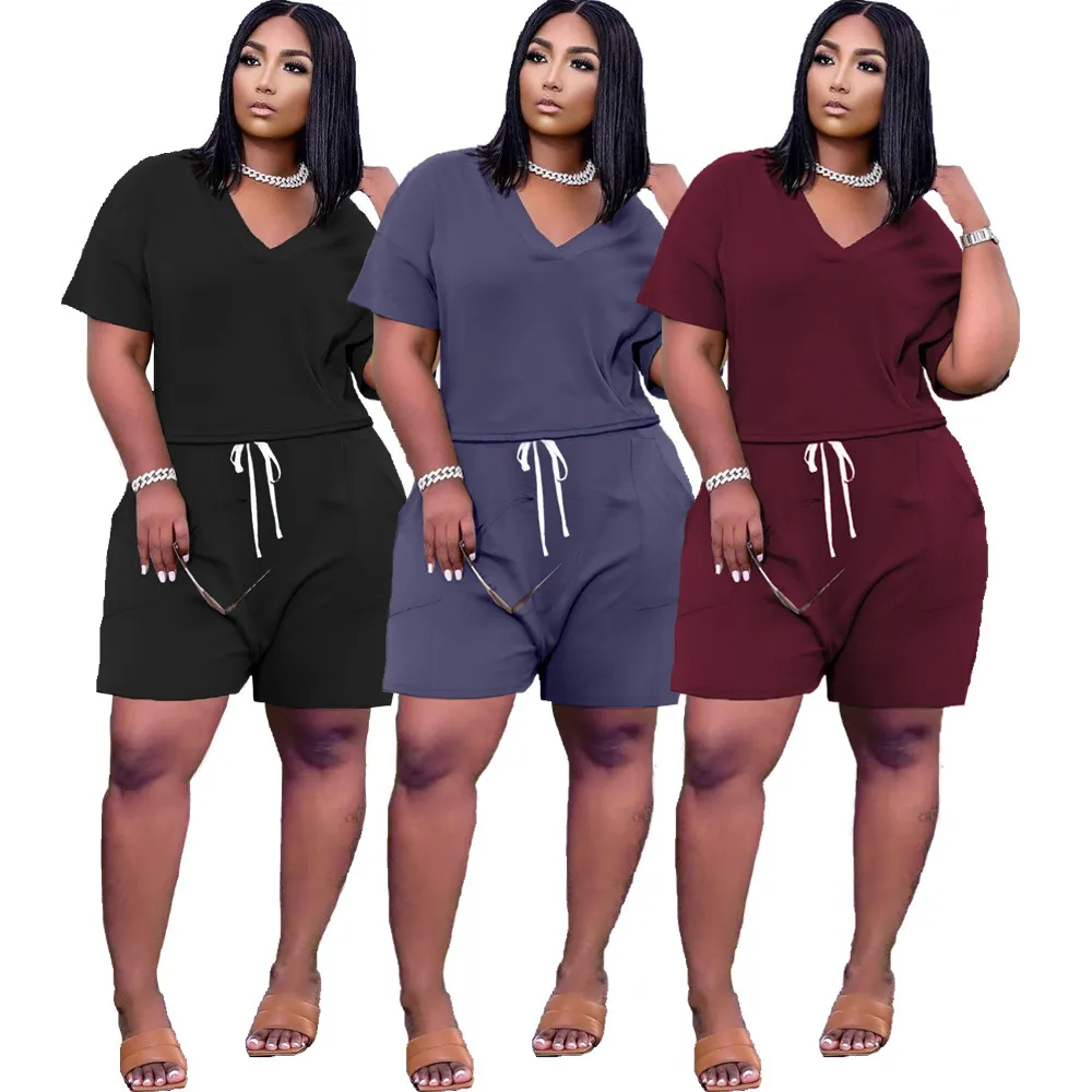Katı Renk Spor Seti Kadınlar 2 Parça Kıyafetler Kısa Kollu Gevşek T-Shirt Üst Ve Dantel Yüksek Bel Biker Şort Rahat Ev Giyim 210525