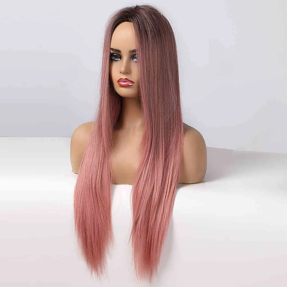 ALAN EATON perruque synthétique longue ondulée ombrée noire rose pour femmes, perruque de Cosplay avec raie centrale naturelle, fibre haute température6707806