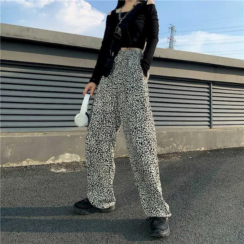 2020 autunno nuova versione coreana della stampa leopardata hot girl drappeggio pantaloni a gamba larga pantaloni larghi e sottili pantaloni dritti asciugando i pantaloni Q0801