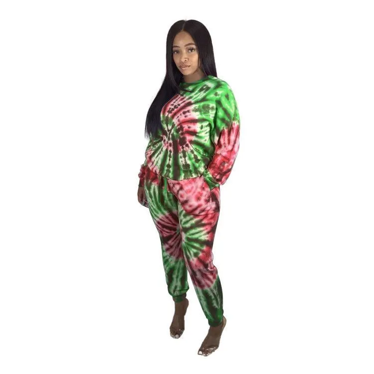 Sportif Femmes Tie Dye Imprimer Sweats Stacked Joggers Pantalon Costume Active Wear Survêtement Deux Pièces Assorties Ensemble Fitness Tenues 210525