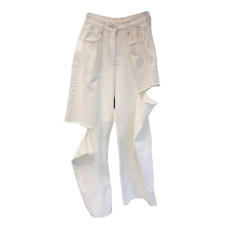 Korean Style High Waisted Women Wide Leg White Jeans Fashion Hole Denim Pants Casual Loose Pantalones Mujer 210514