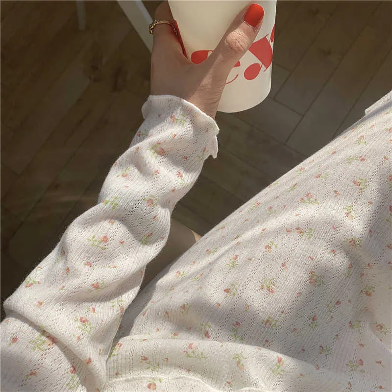 Oansatz Rüschen Nachtwäsche Frühling Floral Bedruckte Frauen Hause Chic Bequeme Lose Baumwolle Mode Pyjamas Anzüge 210525
