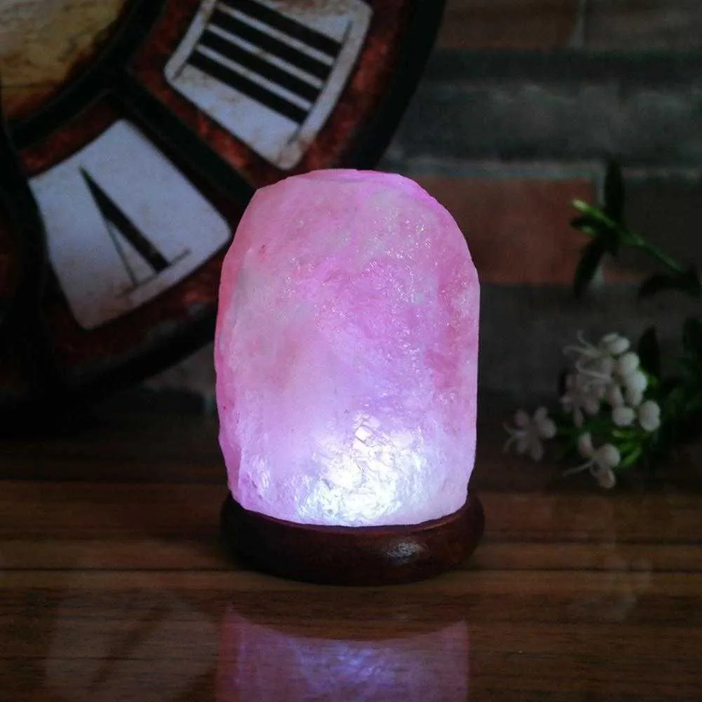 House Natural Hand Carved USB Wooden Base Himalayan Air Purifier Night Dimmer Salt Night Light Switch Crystal Rock Y0910