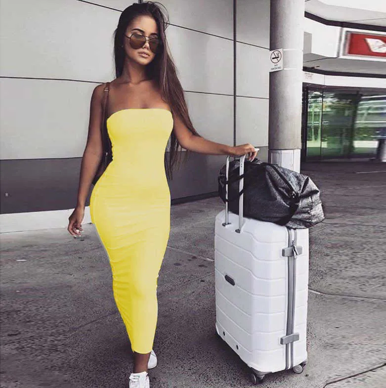 Summer Sleeveless Wrap Breast Woman Sexy Tight Dress Lady Formal Party Dinner Casual Simple Dress Long Beach Dress Y1006