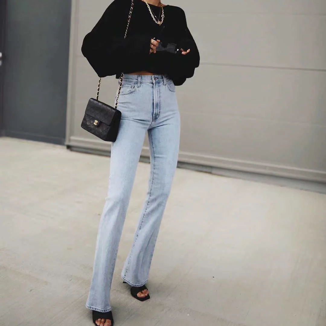 Automne jeans femme taille haute pantalon vintage petit flare noir denim coréen cloche bas bleu pantalon mignon 210708