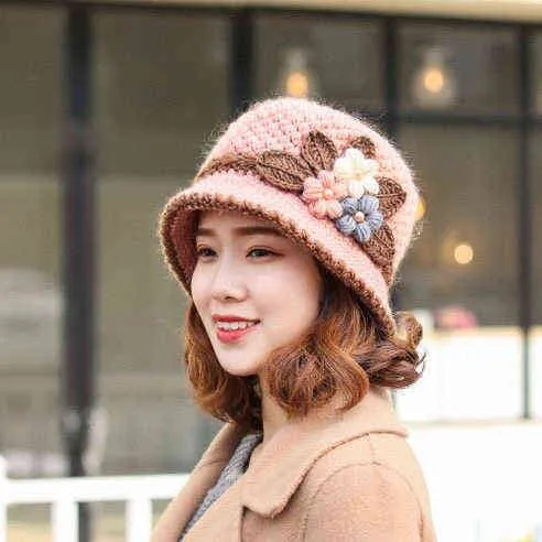Black Ru Christmas New Year Round Roof Winter Knit Wool Thick Flower Hat Knitted Women Girl Lady Cap Head Warmer Outdoor Hats Y21111
