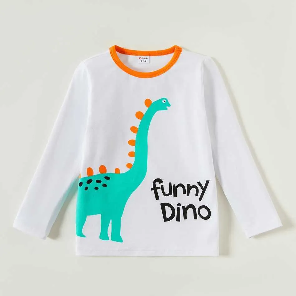 Llegada Primavera y otoño Camiseta de manga larga a rayas de dinosaurio para niños pequeños de 3 piezas Ropa para niños 210528