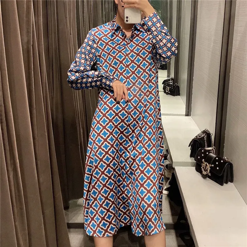 Women elegant geometric print midi dress straight style lapel long sleeve female casual office wear mid calf dresses 210430