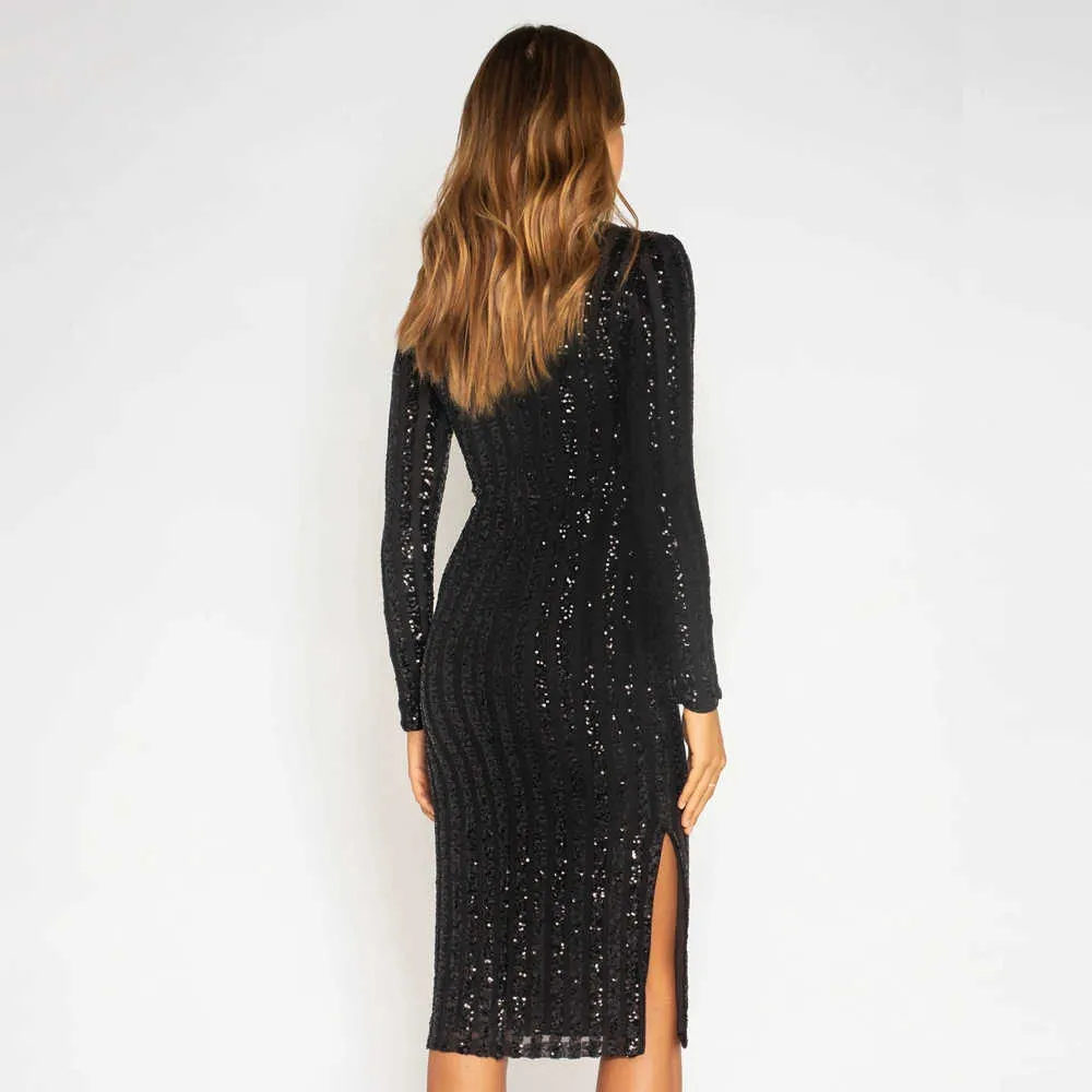 Ocstrade Sequin Bandage Dress Kvinnor Ankomster Sexig Turtleneck Långärmad Svart Es Bodycon Party 210527