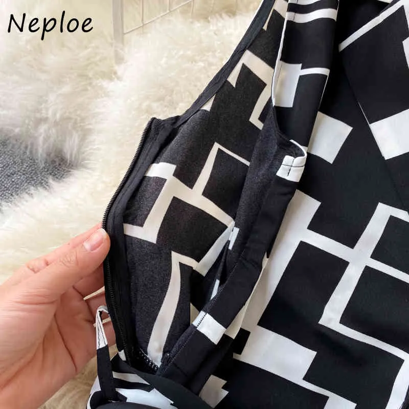 Neploe Vintage Print Work Style Ol Slim Robe Femmes Turn Down Col Sans Manches Épaule Sans Bretelles Robes Taille Haute Robe De Hanche 210423