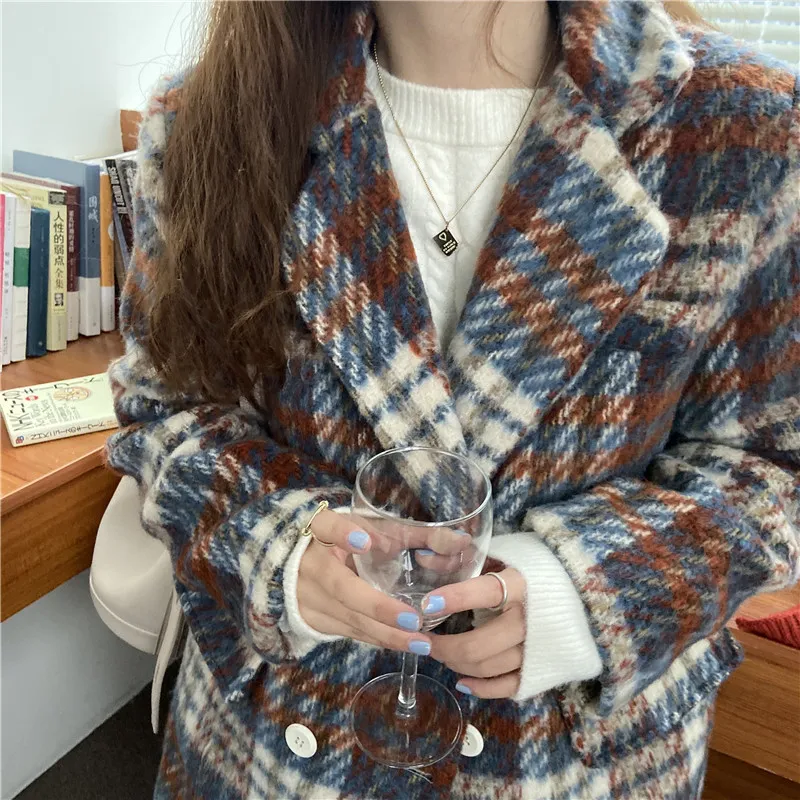 春のウールの暖かいシックな格子縞のスタイリッシュな女性のジャケット販売緩いすべてのマッチ高品質ストリートウェアコート210525