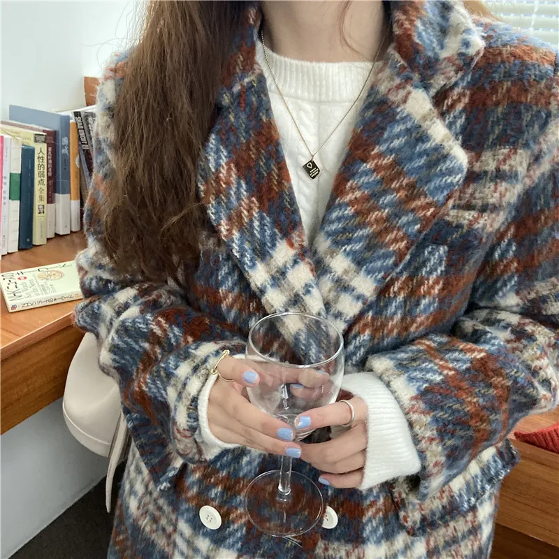 Vår Woolen Warm Chic Plaid Stilfulla Kvinnor Jackor Försäljning Lös alla Match Högkvalitativa Streetwear Coats 210525