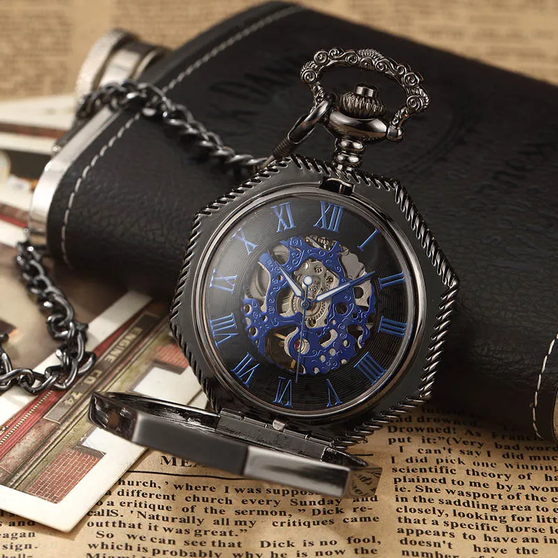 Reloj de bolsillo mecánico Cadena Fob hueca de bronce plateado dorado con caja Hombres y mujeres Relojes de señora Hombres Vintage Gifts284i
