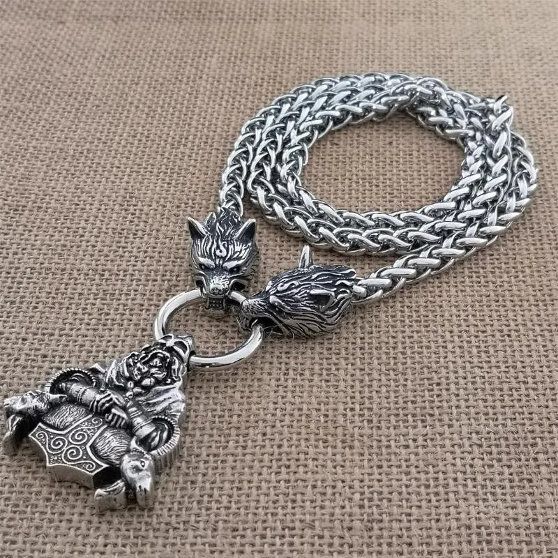 Chaînes Nordic Man Viking Warrior Double tête de mouton pendentif collier en acier inoxydable chaîne de loup bijoux cadeau 2804